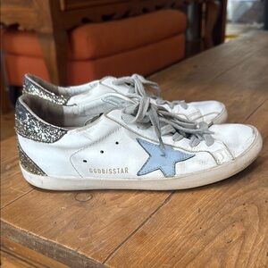Golden Goose White Sneakers with Glitter and Blue Star